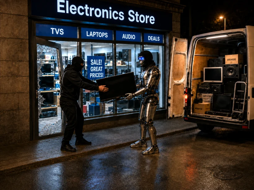 Electronics shop, a robot and a thief carrying a television — illustration for an article about AI assistants