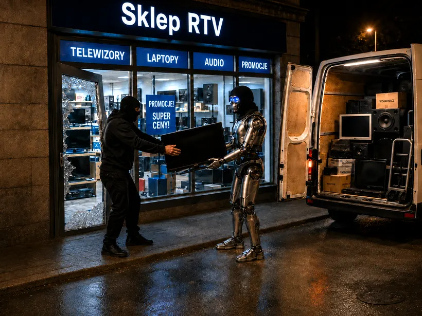 Sklep RTV i elektronika, robot i złodziej z telewizorem — ilustracja do wpisu o asystencie AI