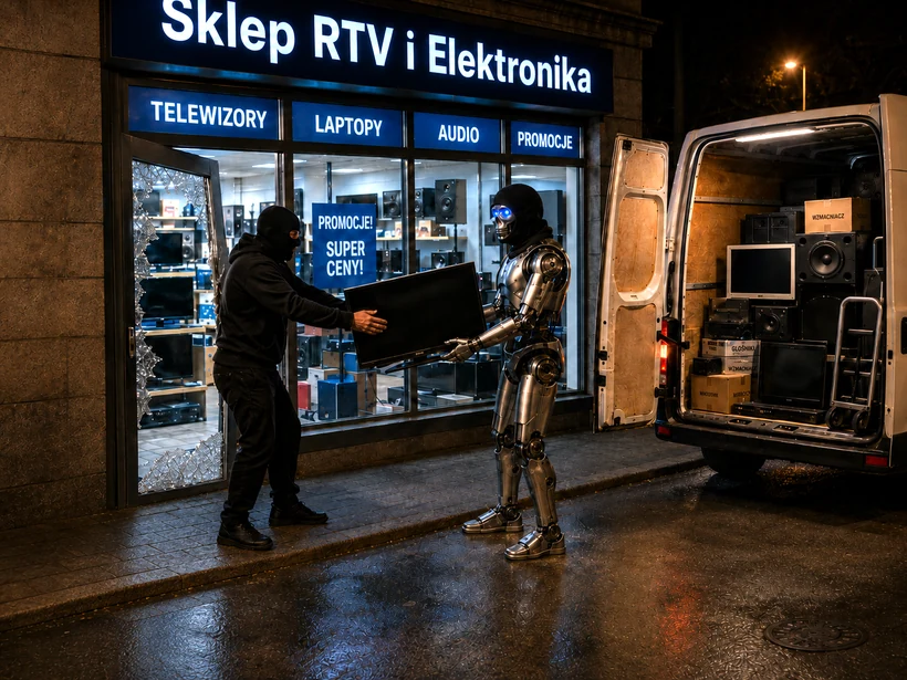 Sklep RTV i elektronika, robot i złodziej z telewizorem — ilustracja do wpisu o asystencie AI