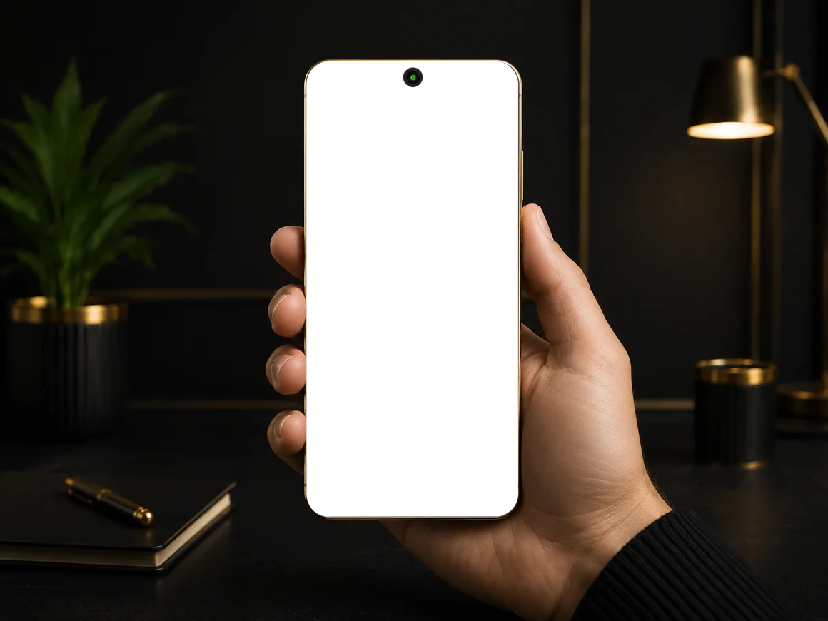 Smartphone trzymany w prawej dłoni — podgląd wersji mobilnej