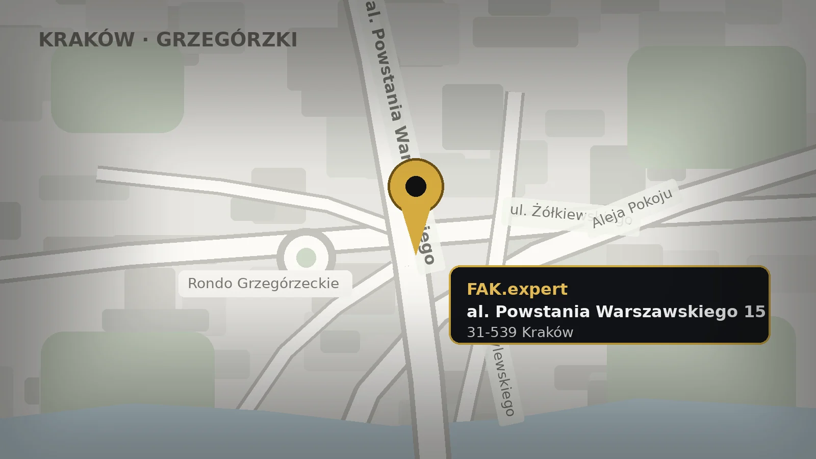 Statyczny podgląd lokalizacji FAK.expert przy al. Powstania Warszawskiego 15 w Krakowie