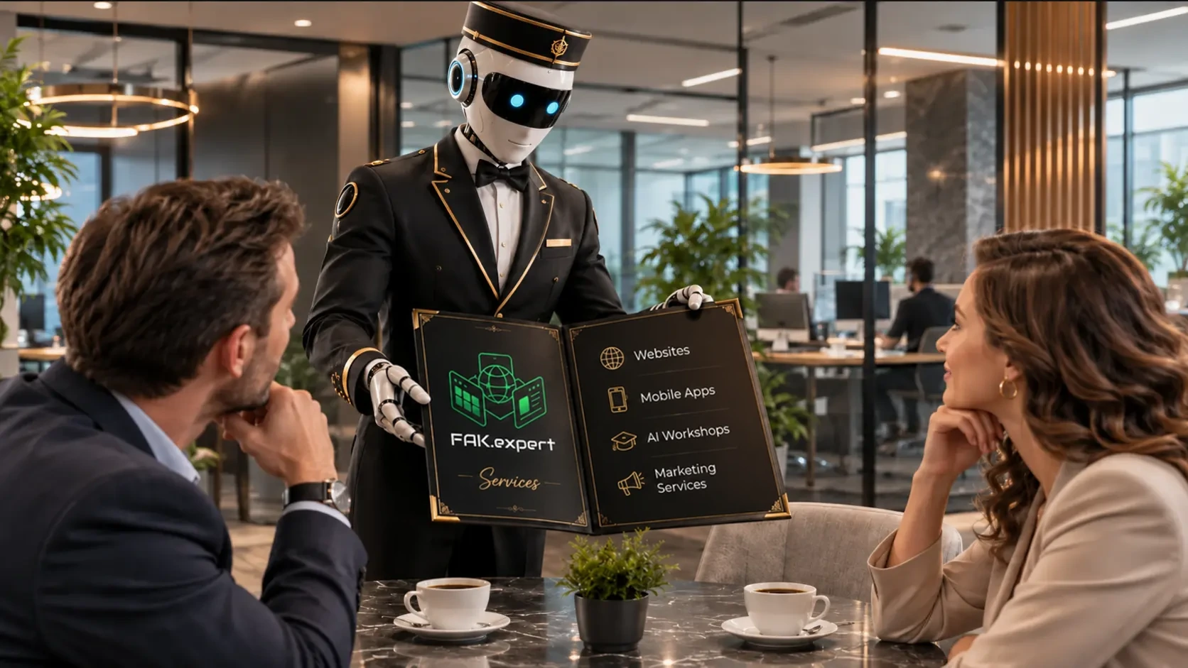 A robot presenting FAK.expert website, application, training and marketing services to clients