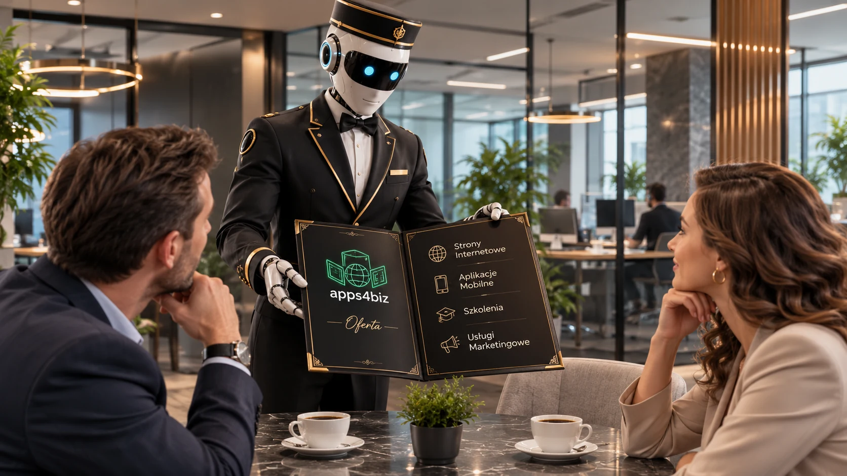 Robot prezentujący klientom ofertę stron internetowych, aplikacji, szkoleń i marketingu