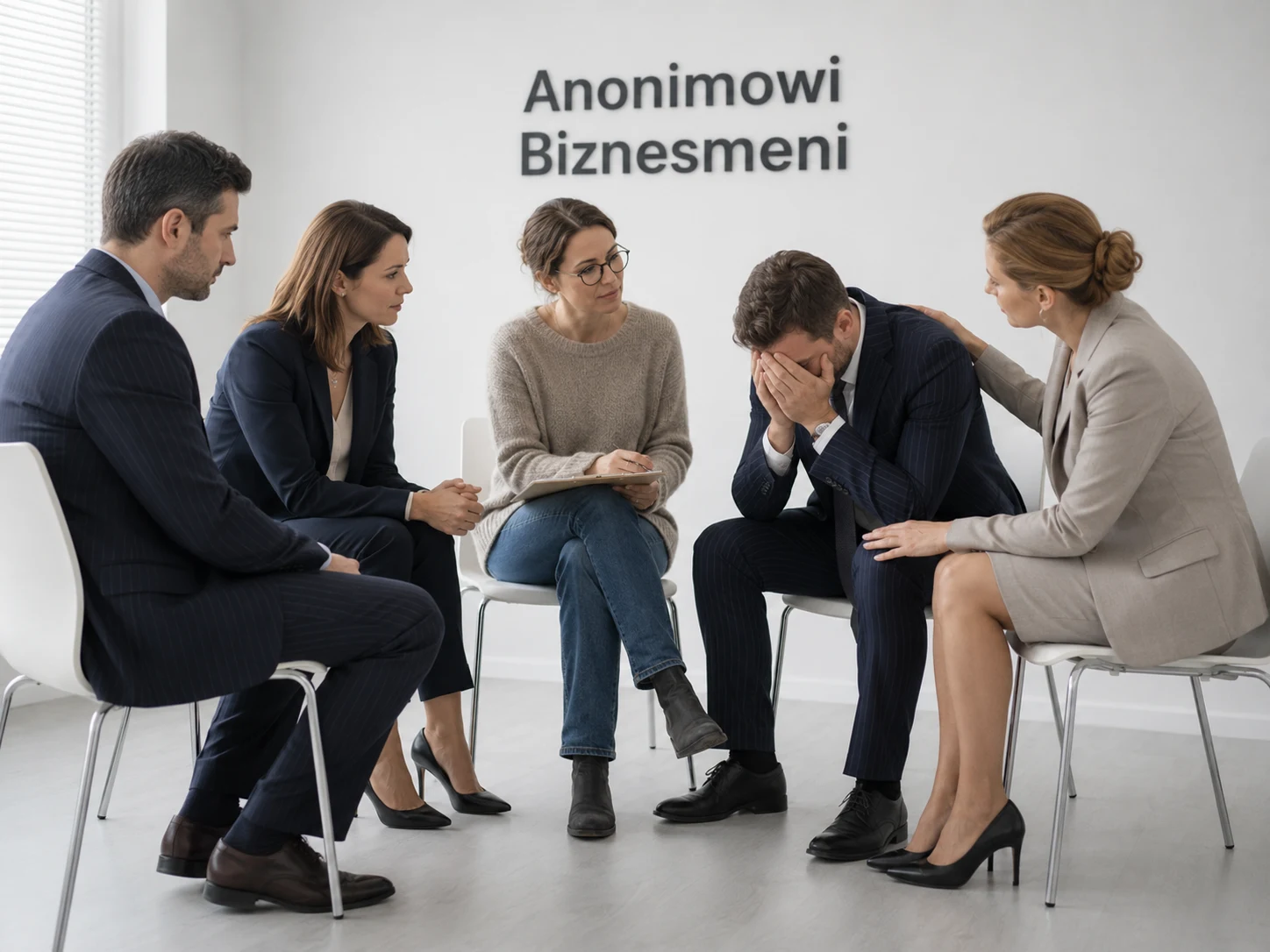Grupa biznesmenów podczas spotkania wsparcia — psychologia detalu w biznesie